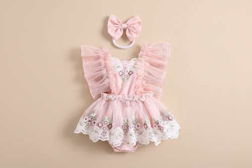 Barboteuse bébé fleurie beige avec noeuds, tenue cérémonie bébé 12 mois