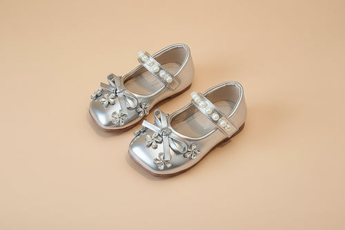 Ballerines fille strass et perle coloris beige, fleurs scintillantes