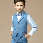 Costume cérémonie garçon bleu, gilet à carreaux et nœud papillon assorti