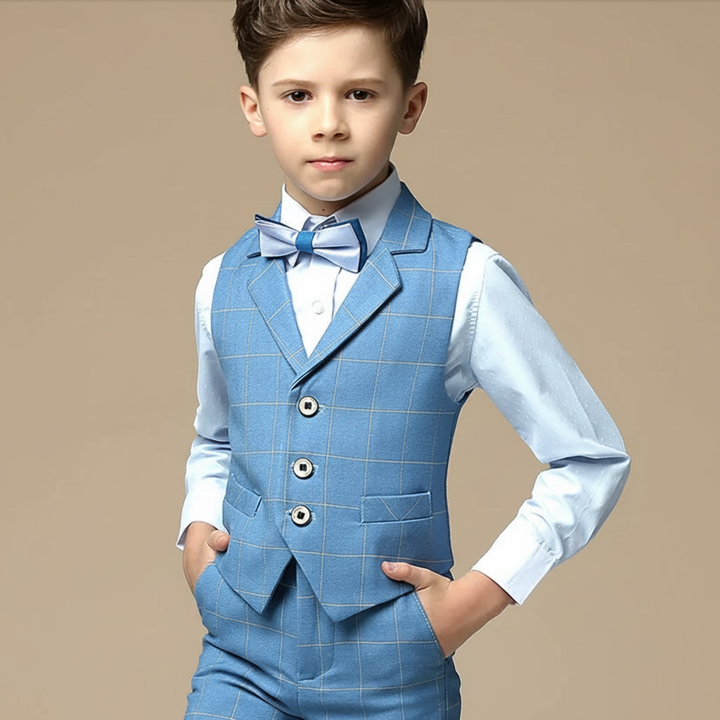 Costume cérémonie garçon bleu, gilet à carreaux et nœud papillon assorti