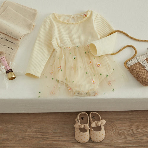 Barboteuse tutu florale bebe Marga champagne, jupe en voile 3 mois