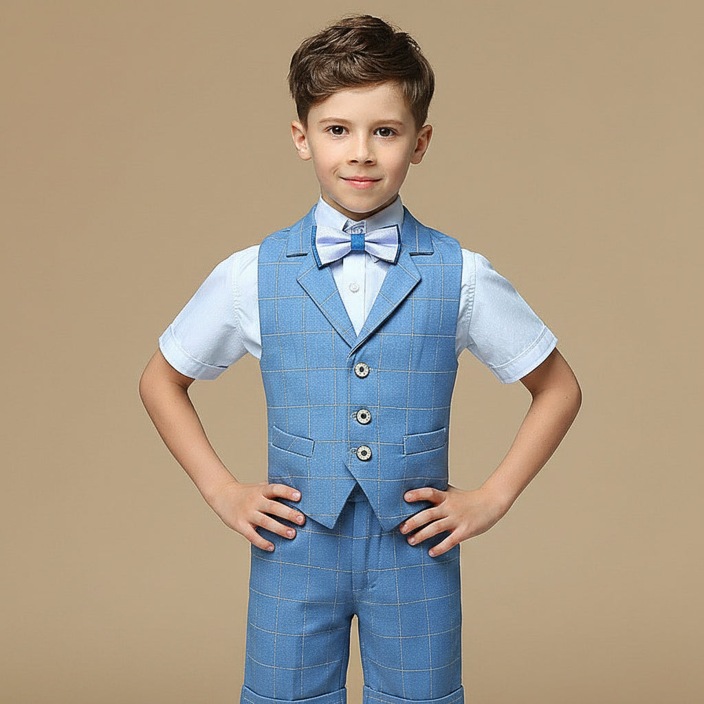Costume garçon gilet bleu ciel à carreaux, chemise blanche et nœud papillon