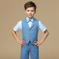 Costume garçon gilet bleu ciel à carreaux, chemise blanche et nœud papillon
