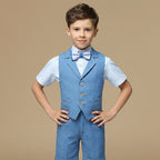Costume garçon gilet bleu ciel à carreaux, chemise blanche et nœud papillon