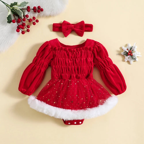 Barboteuse de Noël bébé Emy rouge avec jupe tulle et fourrure