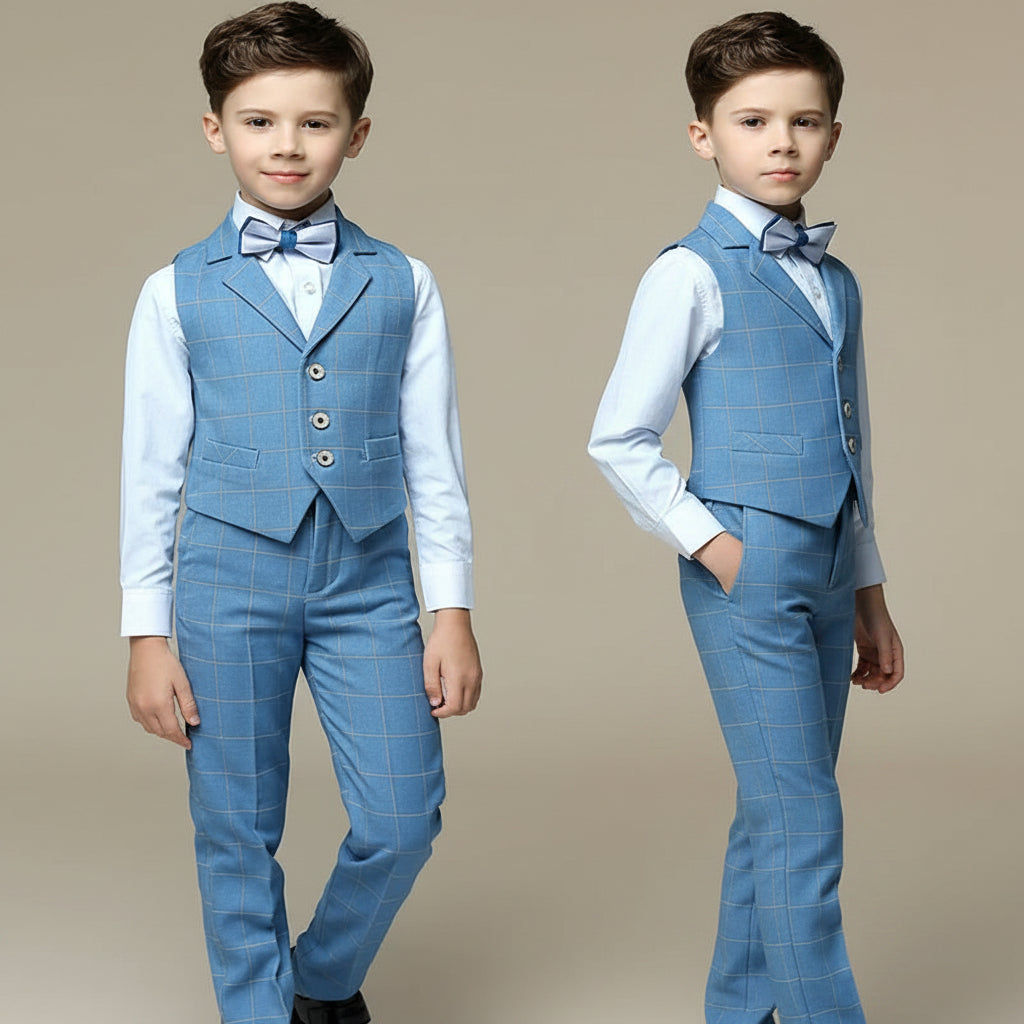 Costume cérémonie garçon bleu ciel, ensemble gilet et pantalon pour mariage et baptême