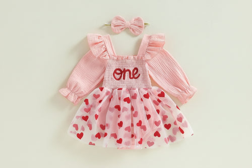 Barboteuse rose «one» avec jupe tulle cœurs pour bébé fille 1 an