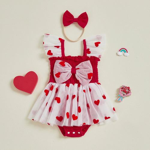 Haut smocké rouge et jupe tulle à cœurs, barboteuse bébé fille 6 mois