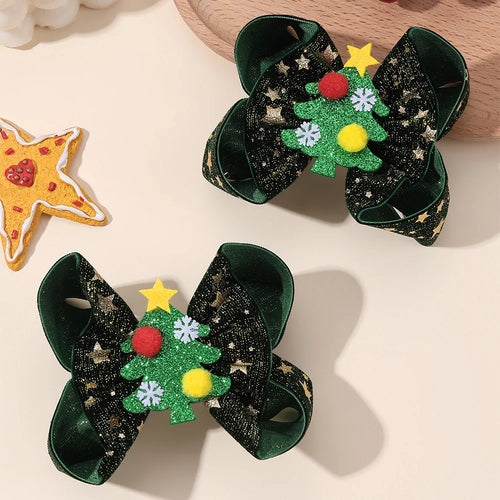 Barrette Noël verte motif sapin, coiffure enfant fêtes