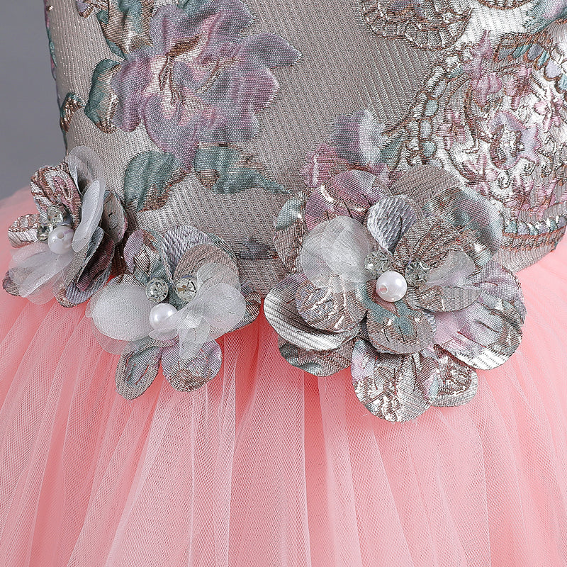 Elegante vestido de gala para niñas con un lazo en los hombros.