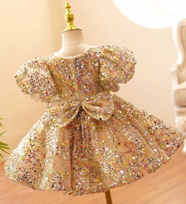 Vestido de princesa para niñas, lentejuelas color champán