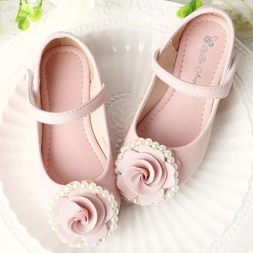 Ballerines enfant rosace rose, perles et nœud papillon