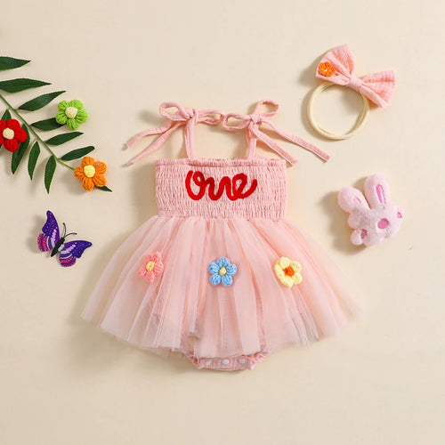 Barboteuse bébé anniversaire rose avec fleurs et bandeau, 1 an