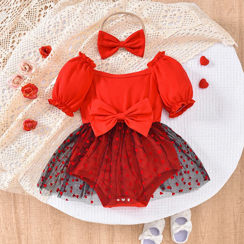 Barboteuse bébé Saint-Valentin rouge avec nœud et motifs cœurs
