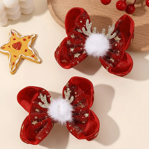 Barrette de Noël rouge pailletée avec pompon blanc, fille