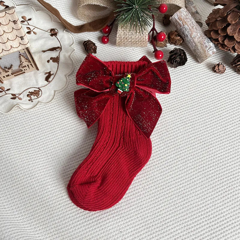  Chaussette de Noël pour fille rouge court sapin de noel