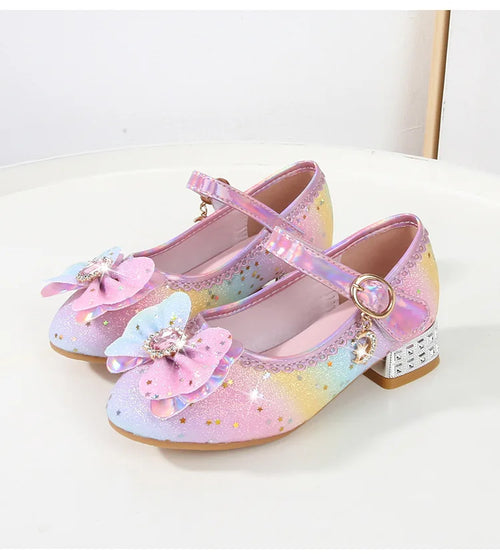 Chaussures fille bleu à talon papillon scintillant pour cérémonie
