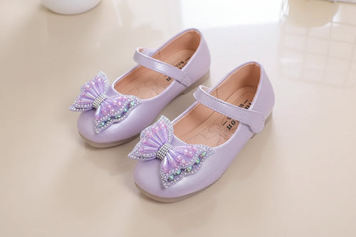 Ballerine papillon enfant Lou rose, noeud papillon strass vue de face
