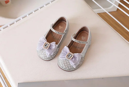 Ballerines enfant princesse Lys argentées, strass et nœud décoré