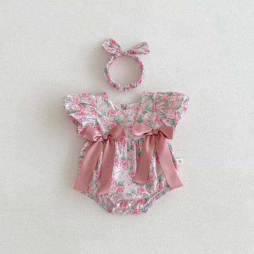 Barboteuse bébé fille rose fleurie avec bandeau assorti, tenue cérémonie