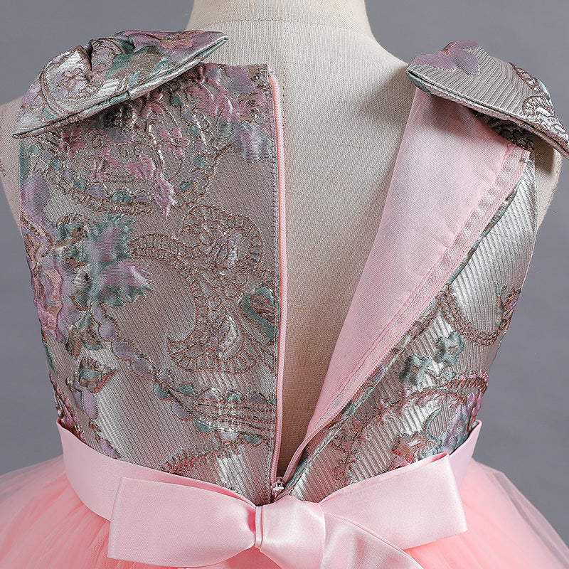 Elegante vestido de gala para niñas con un lazo en los hombros.
