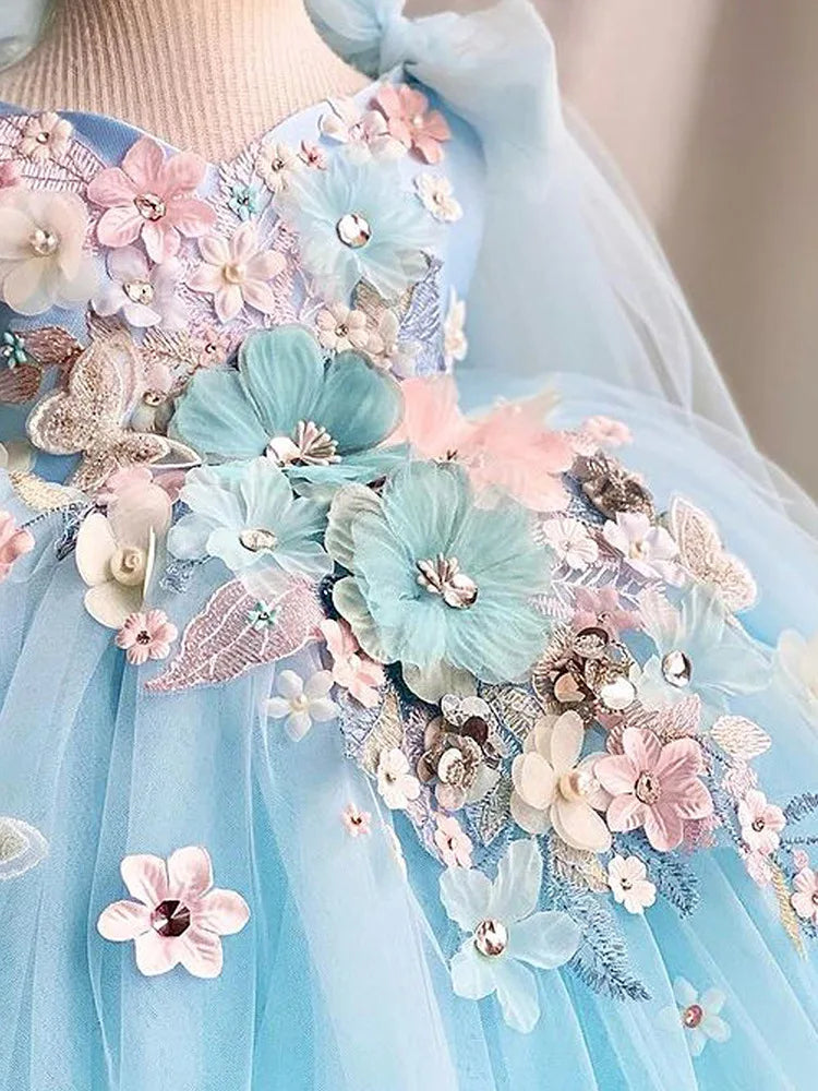 Robe enfant fille jardin de fleurs bleu