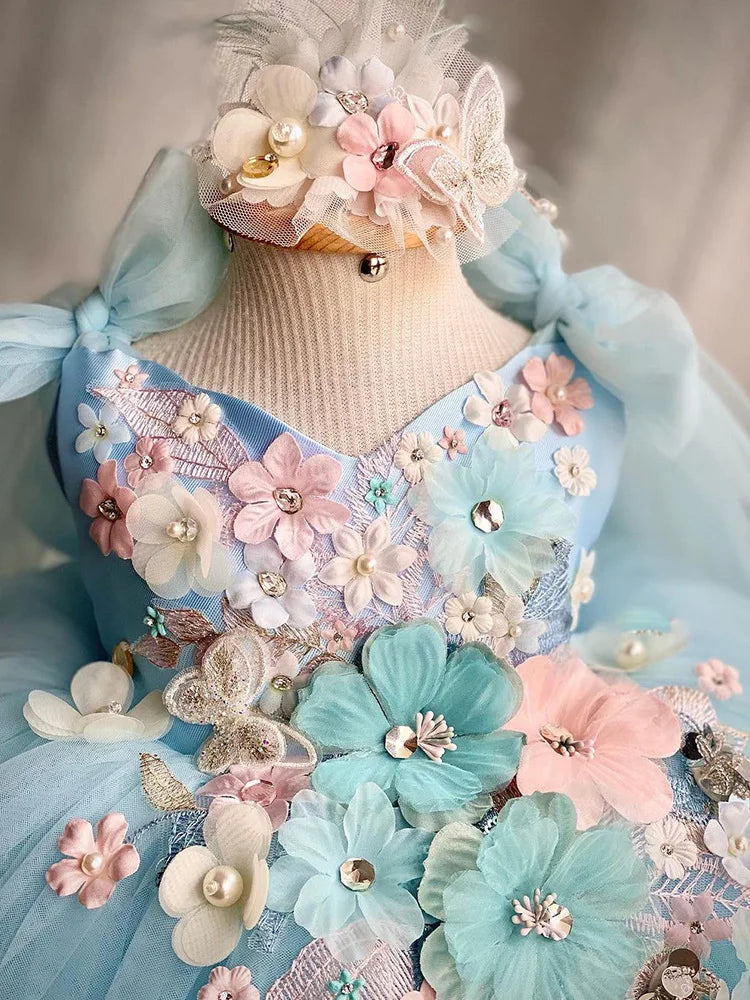 Robe enfant fille jardin de fleurs bleu