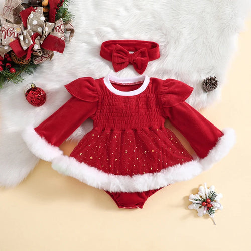 Barboteuse bébé de Noël Zélia, gros plan haut velours smocké
