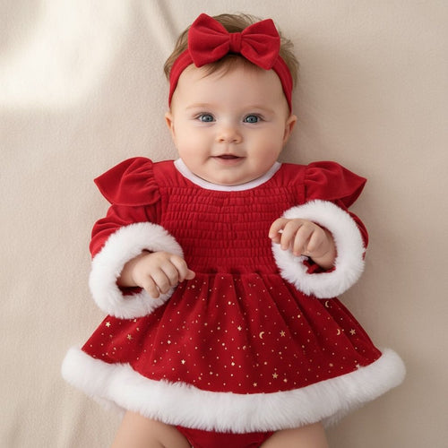Barboteuse bébé de Noël Zélia rouge, jupe tulle et bordure fourrure