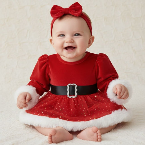 Barboteuse de Noël bébé Aria style Père Noël, jupe tulle et ceinture