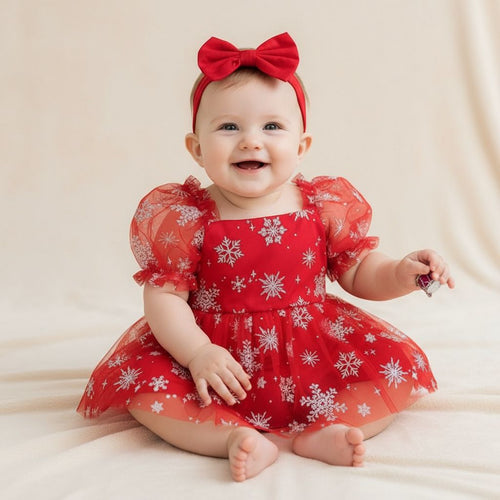 Barboteuse bébé flocons de neige rouge avec bandeau, nouveau-né