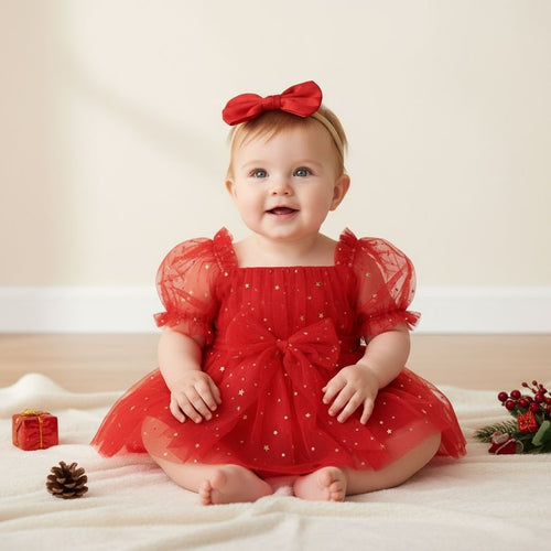 Barboteuse de noel Livia rouge avec tulle pailleté et grand noeud