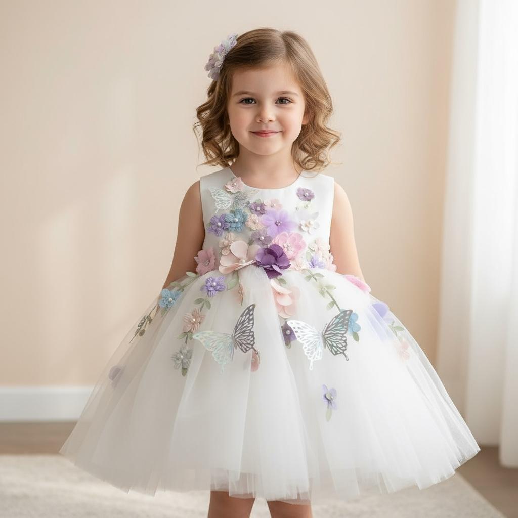 Abito da compleanno per bambina con giardino di farfalle