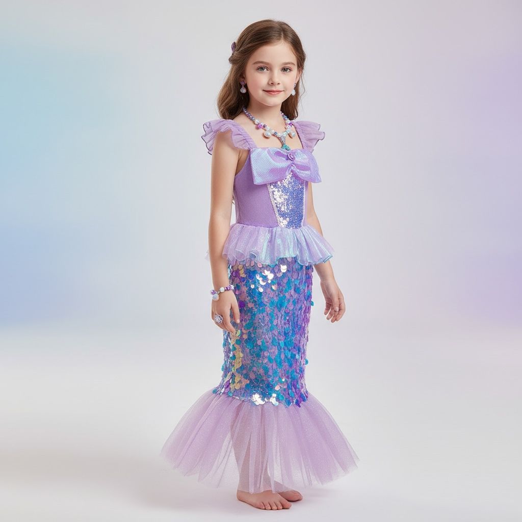 Costume De Sirène Brillant Pour Fille 10-12 Ans - Robe Bleu Clair Et Argenté Avec Queue - Polyester, Carnaval Ou Fête