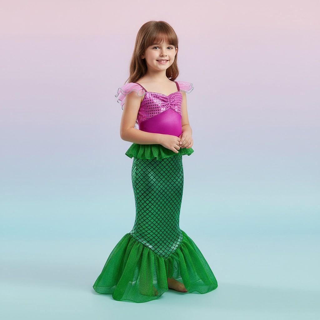 Robe Princesse Sirène LED Lumineuse Fille - Déguisement Avec Couronne Collier Et Accessoires - Halloween Carnaval