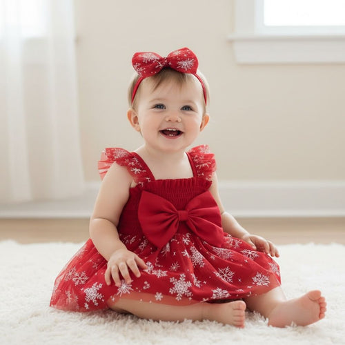 Barboteuse de Noël bébé rouge avec bandeau flocons, tenue fête 12 mois