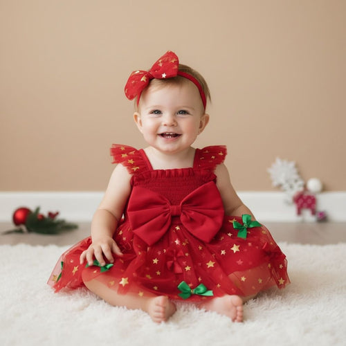 Barboteuse de Noël bébé verte avec tutu étoilé et bandeau, 6 mois