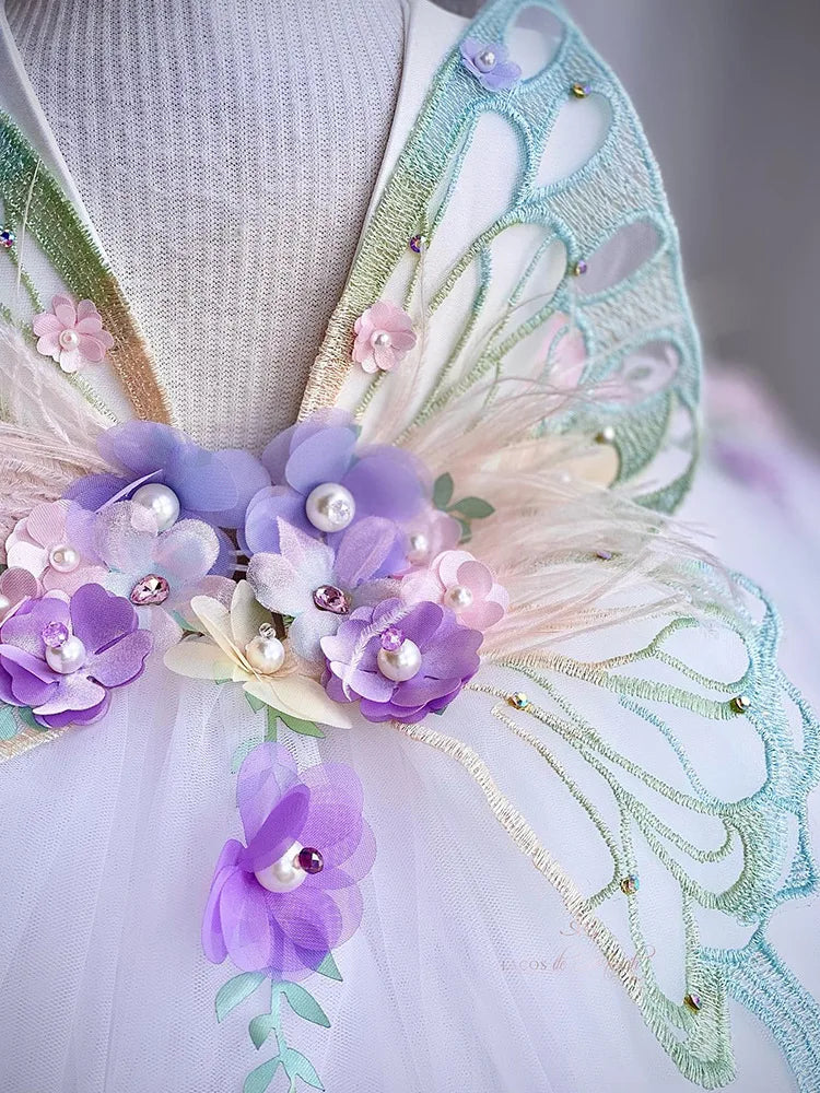 Robe D'Anniversaire Papillon Sans Manches Fille - Tutu Brillant Volants Tulle, Élégante Pour Fête Et Mariage