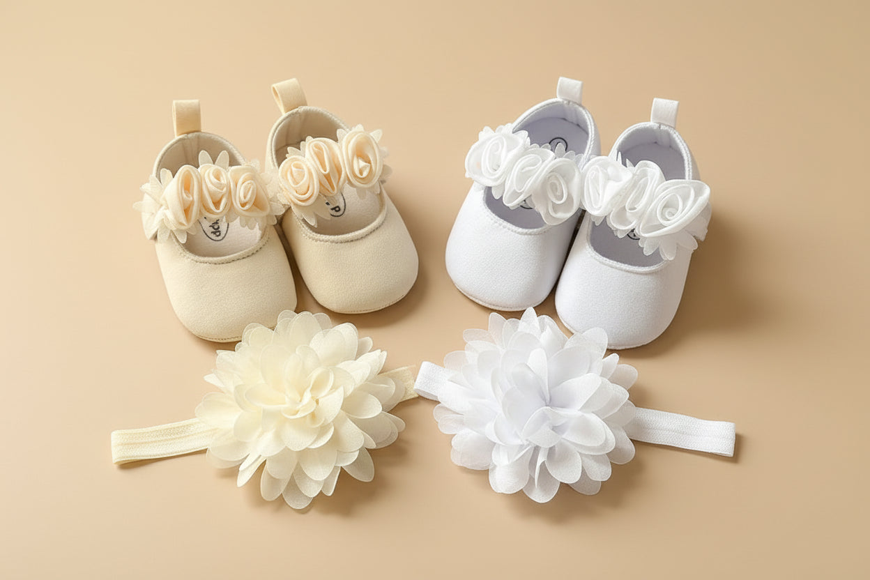 Chaussons bébé fille baptême blanc avec bandeau fleur assorti