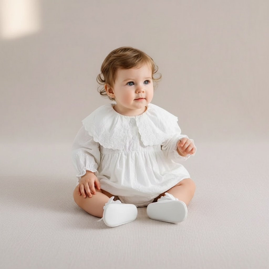 Barboteuse de baptême blanche pour bébé fille avec grand col en dentelle brodée.