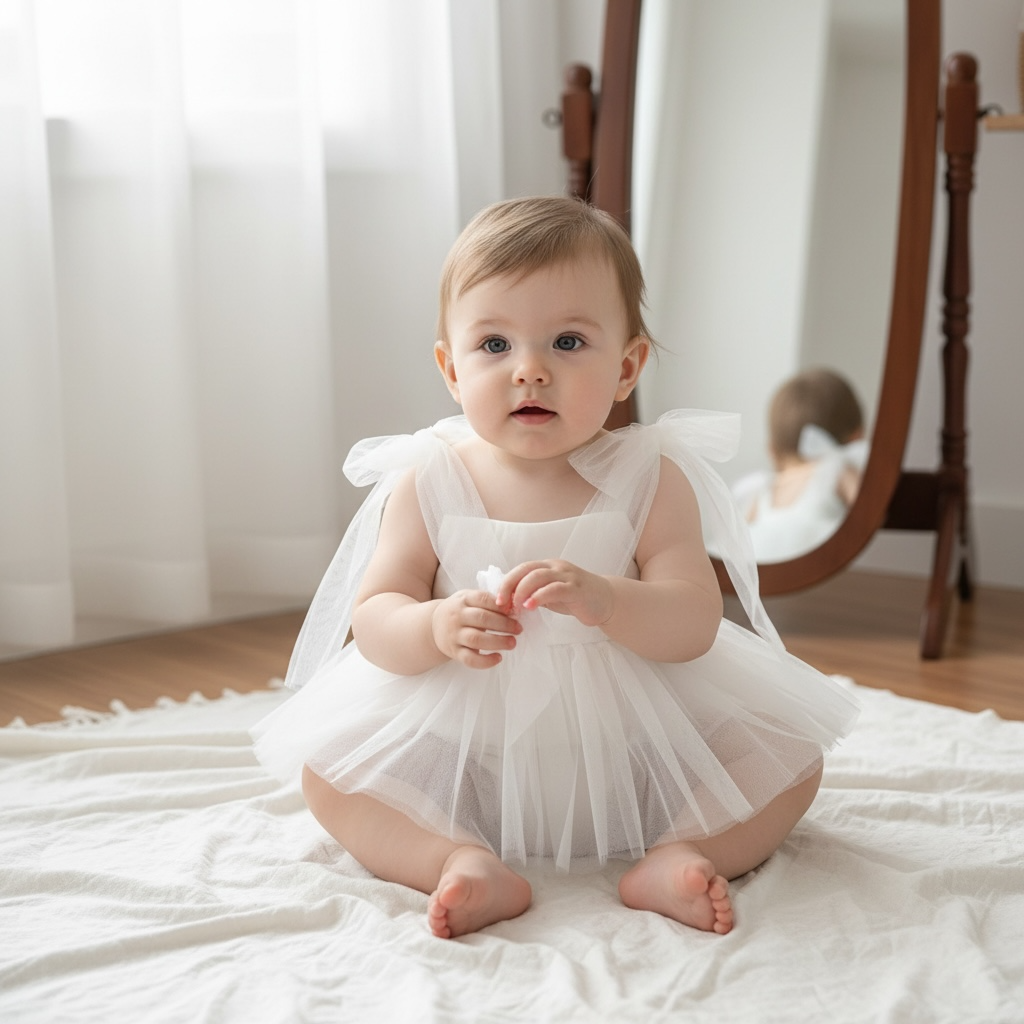 Bébé assis portant la version blanche de la barboteuse ange idéale pour un shooting photo