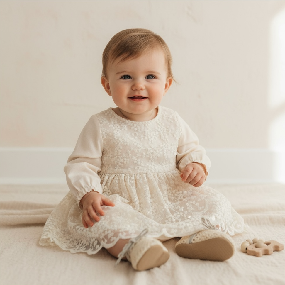 Barboteuse bébé cérémonie fille beige en dentelle élégante