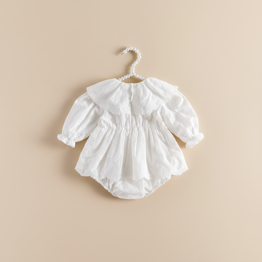 Barboteuse blanche de cérémonie pour bébé fille, vue de dos sur cintre.