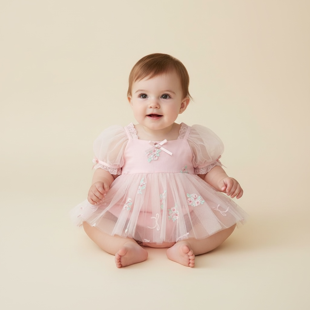Barboteuse robe de baptême rose pour bébé avec jupon en tulle et manches bouffantes.