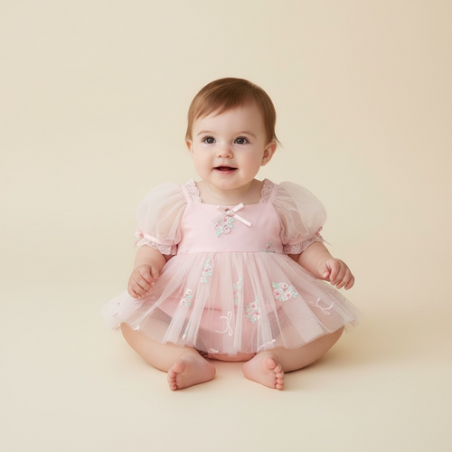 Barboteuse robe de baptême rose pour bébé avec jupon en tulle et manches bouffantes.