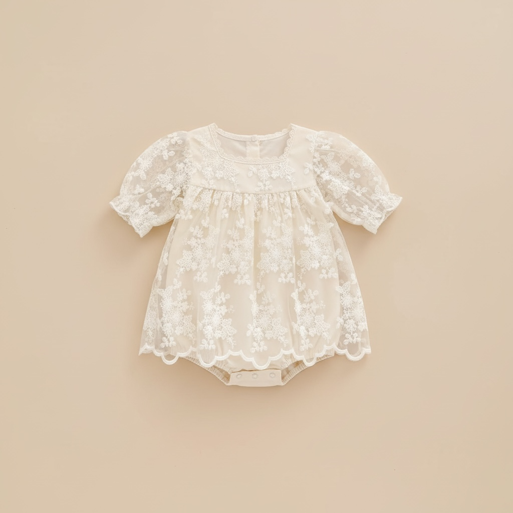 Vue de face à plat de la barboteuse-robe Milana beige montrant les motifs de fleurs brodées