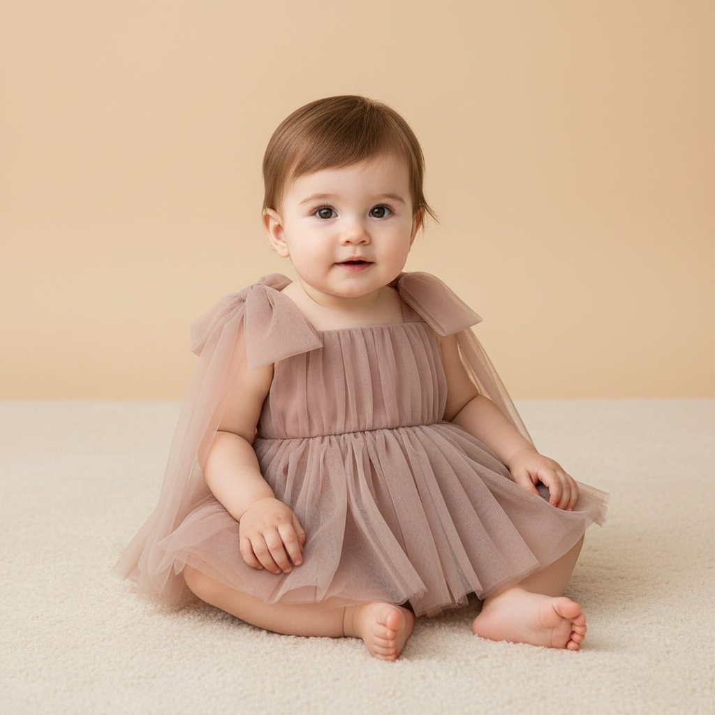 Bébé fille portant une barboteuse tutu vieux rose avec grands nœuds en tulle sur les épaules