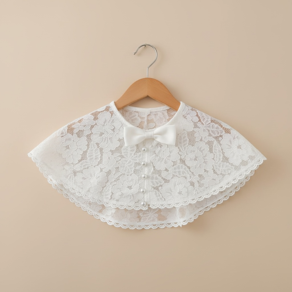 Détail d'un boléro en dentelle florale délicate pour tenue de cérémonie bébé