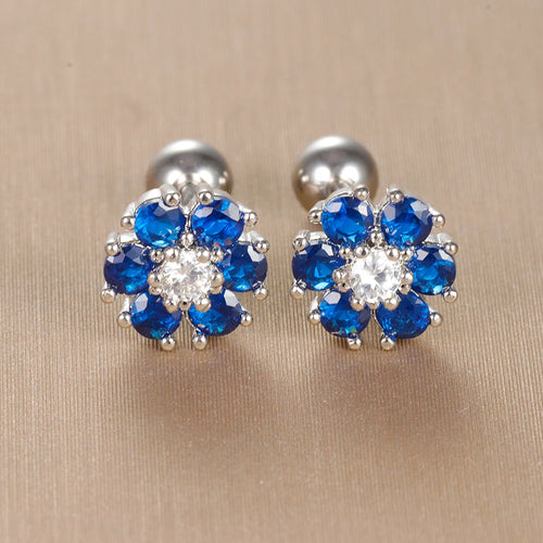 Boucles d'oreilles pour enfant en acier inoxydable avec cristaux bleu saphir taillés en pétales de fleur