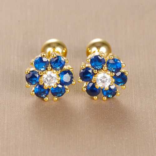 Bijoux enfant dorés : boucles d'oreilles fleurs en acier inoxydable avec cristaux bleu saphir et monture couleur or